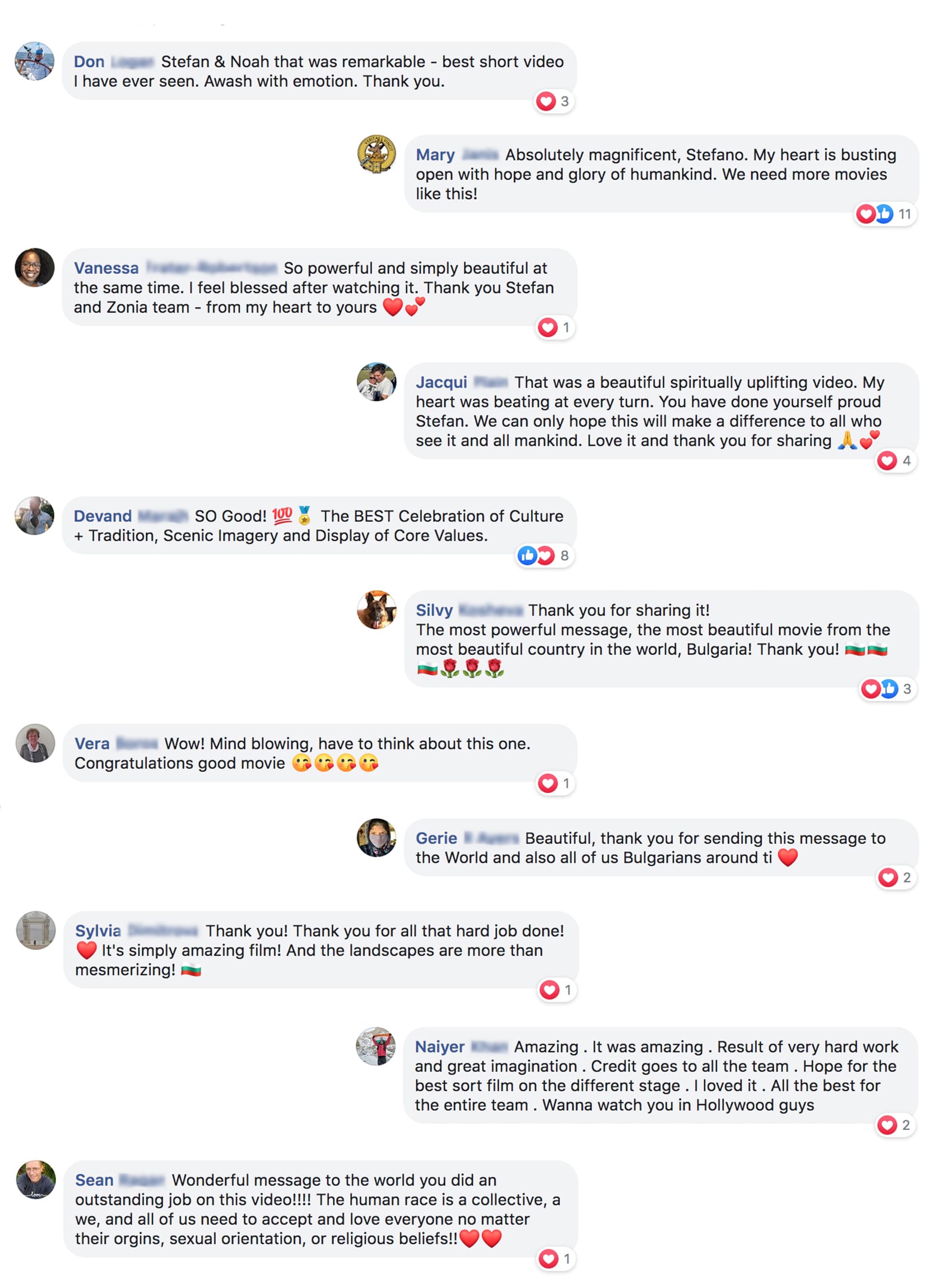 A collection of positive social media comments praising a video or film for its beautiful imagery, powerful message, and cultural celebration. Commenters express strong emotions, appreciation for the creators, and some specifically mention Bulgaria.